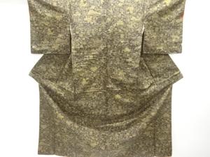 アンティーク　動物・花鳥更紗模様本場大島紬着物(染)